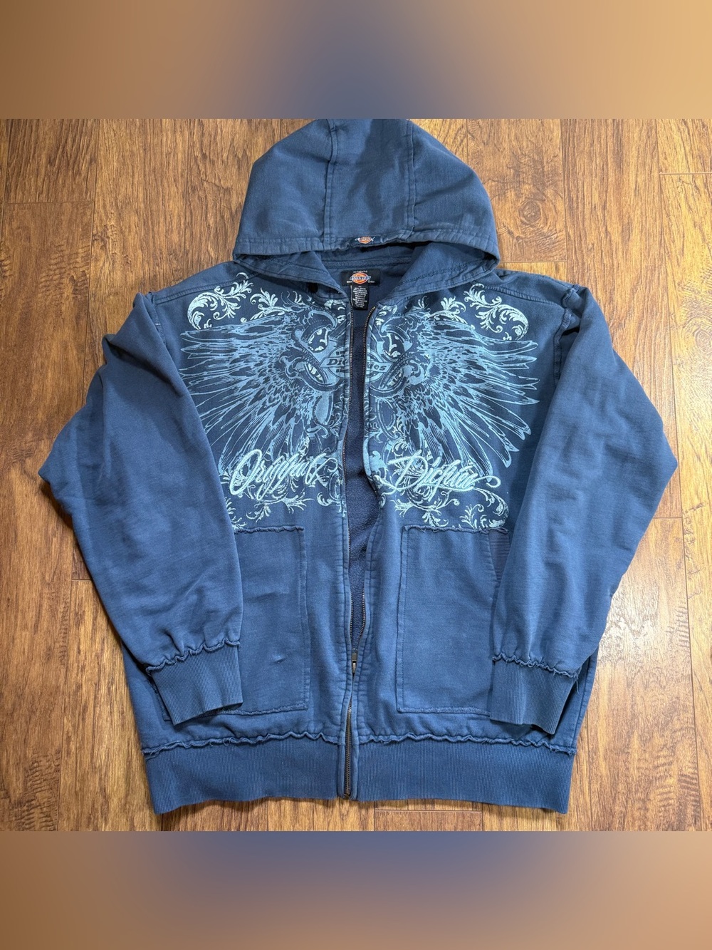 Vintage Dickies Y2K Eagle Graphic Full Zip Hoodie XL Faded Blue Grunge Workwear